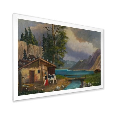 Woman Brings The Cow Into The Stable At A Lake - Farmhouse Canvas Wall Art Print - Image 0