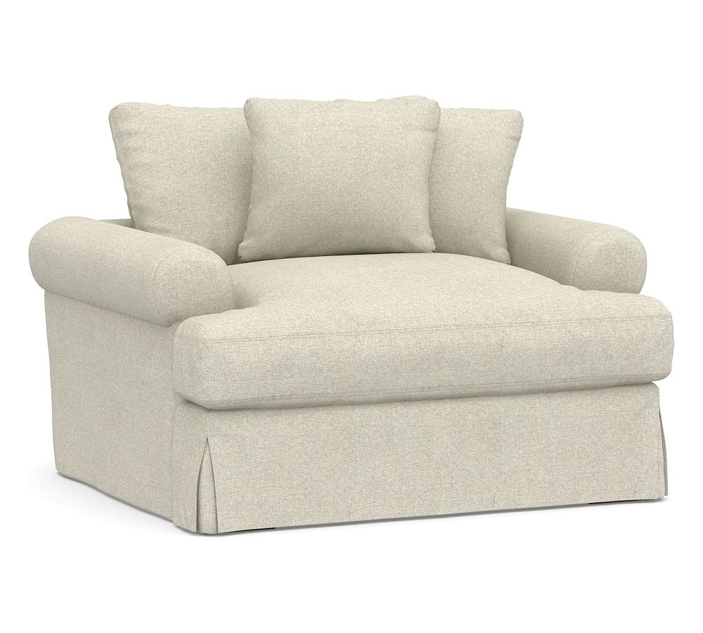 Sullivan Roll Arm Slipcovered Deep Seat Chair-and-a-Half, Down Blend Wrapped Cushions, Performance Heathered Basketweave Alabaster White - Image 0