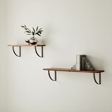 Linear Burnt Wax Wood Shelf 3FT, Arch Brackets in Brushed Nickel - Image 1