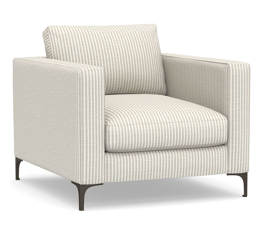 Jake Upholstered Armchair with Bronze Legs, Polyester Wrapped Cushions, Classic Stripe Oatmeal - Image 0