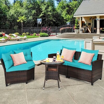 Red Barrel Studio® 4pcs Patio Furniture Set Outdoor Rattan Sectional Sofa Set W/ Turquoise Cushions - Image 0