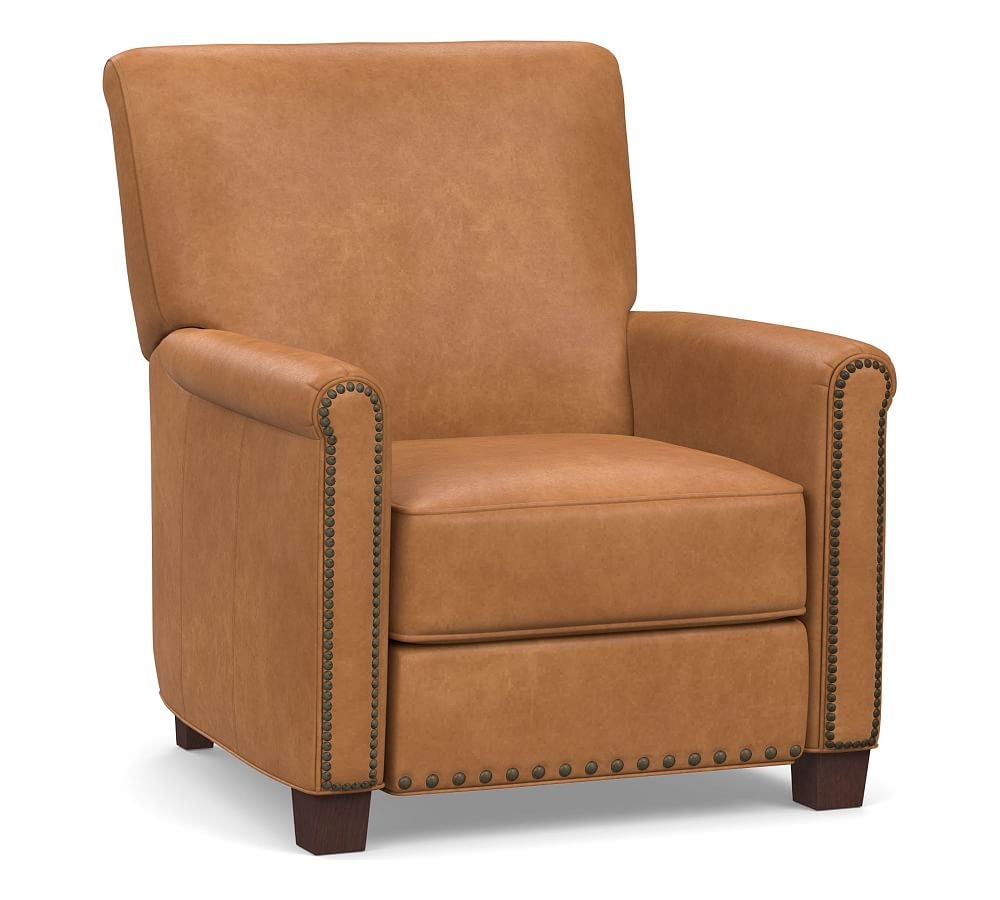 Irving Roll Arm Leather Recliner with Nailheads, Polyester Wrapped Cushions Churchfield Camel - Image 0