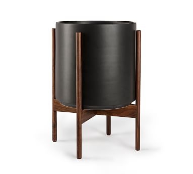 Modern Ceramic Planters with Wooden Stand, Black - Medium - Image 0