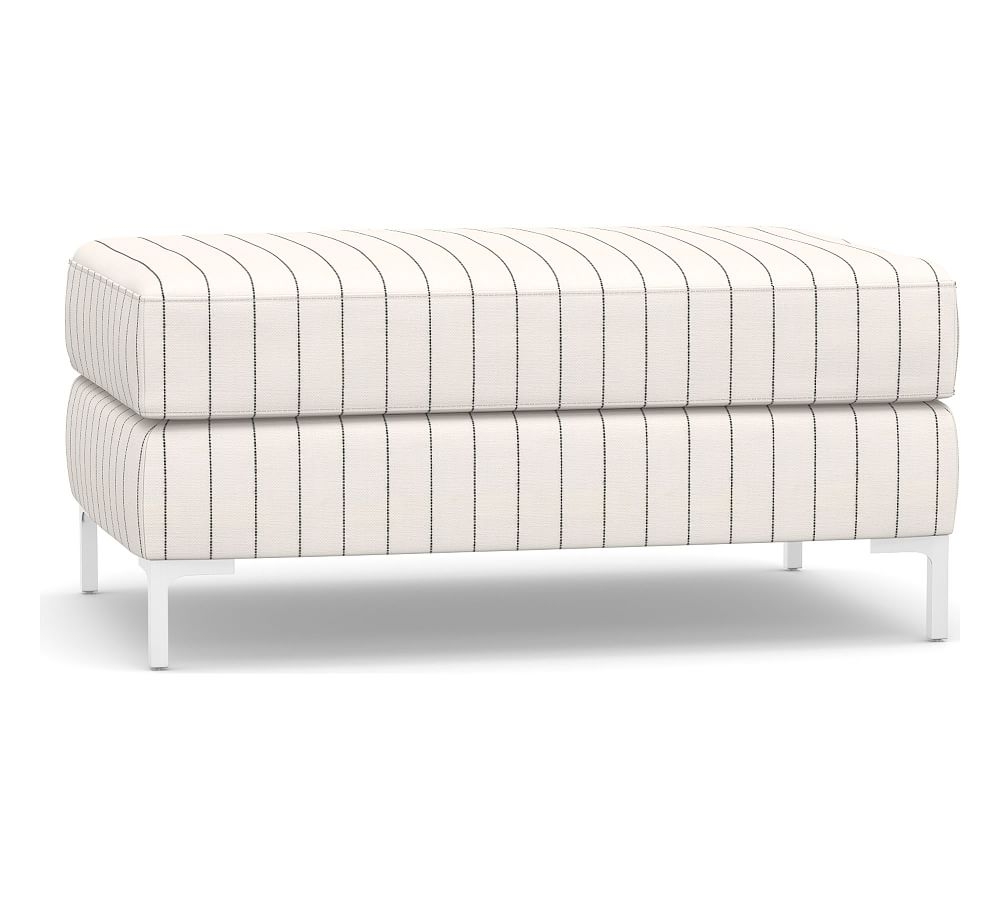 Jake Upholstered Ottoman with Brushed Nickel Legs, Polyester Wrapped Cushions, Sunbrella(R) Performance Harbor Stripe Classic - Image 0