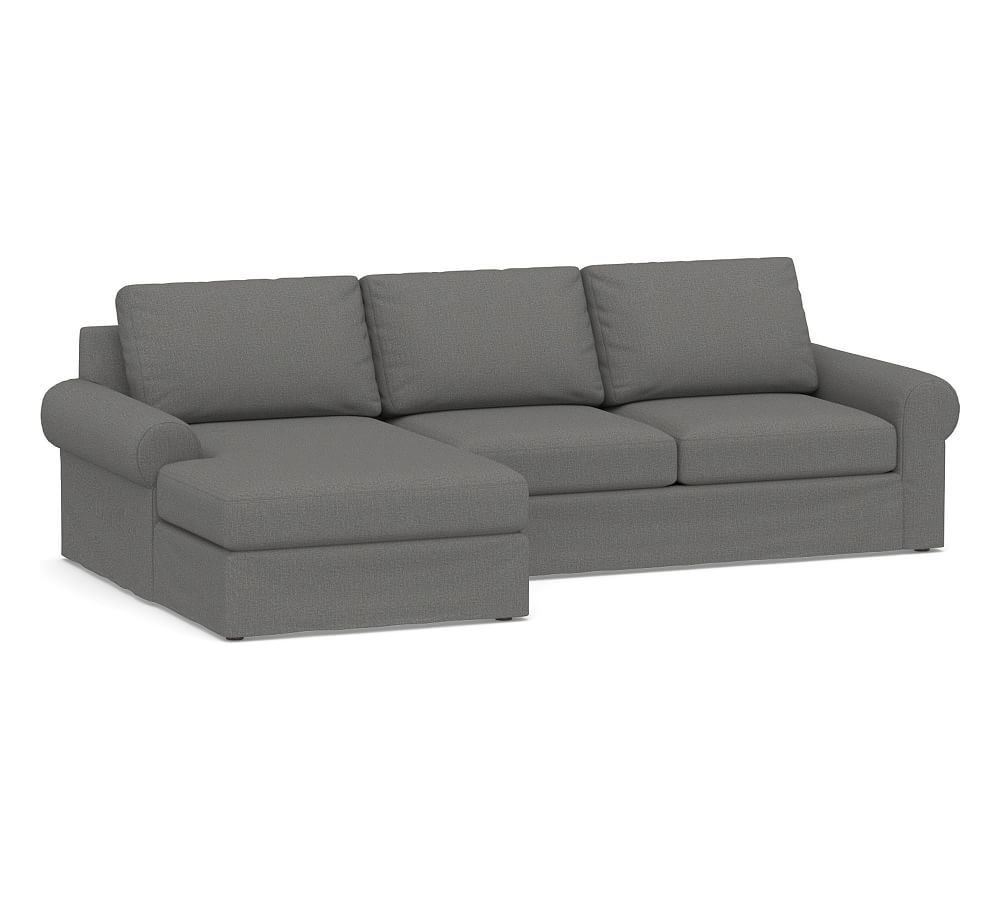 Big Sur Roll Arm Slipcovered Right Arm Loveseat with Chaise Sectional, Down Blend Wrapped Cushions, Performance Brushed Basketweave Slate - Image 0