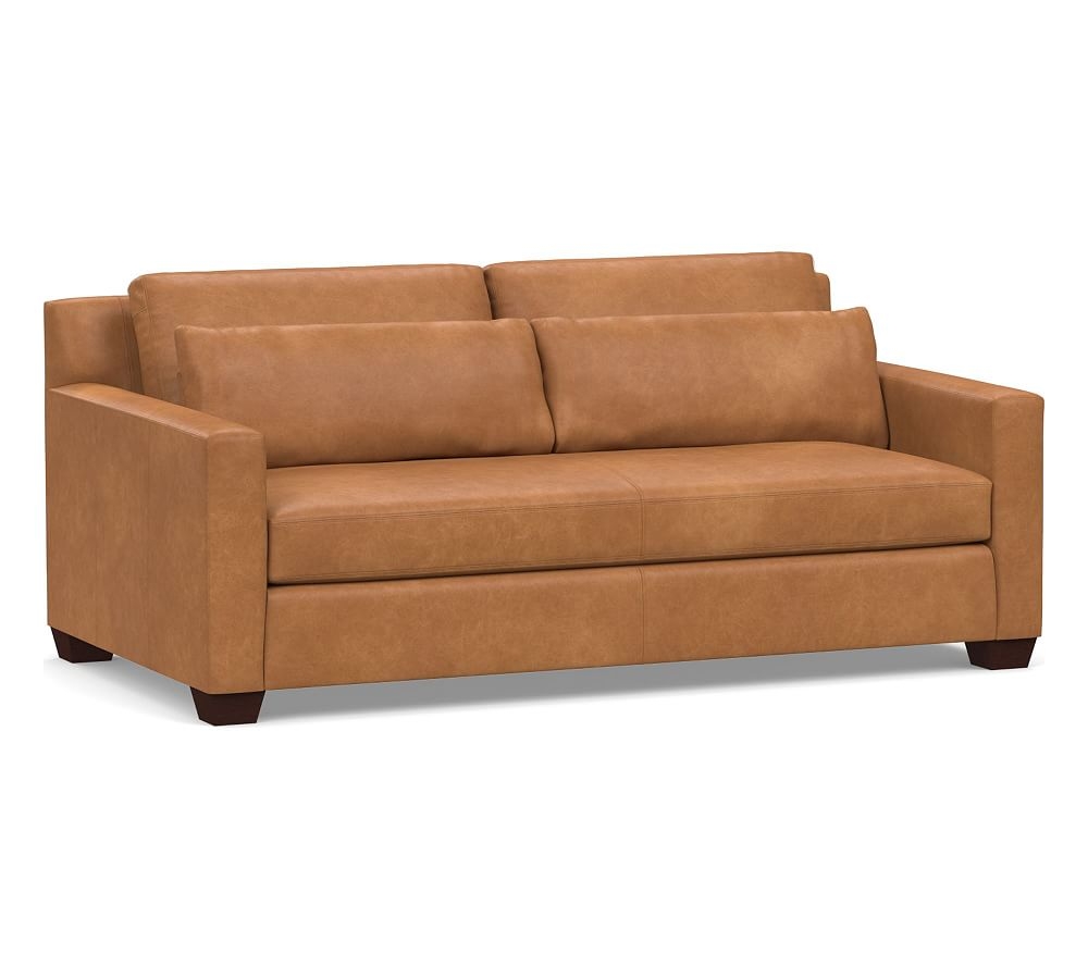 York Square Arm Leather Deep Seat Sofa 80" with Bench Cushion, Polyester Wrapped Cushions, Churchfield Camel - Image 0