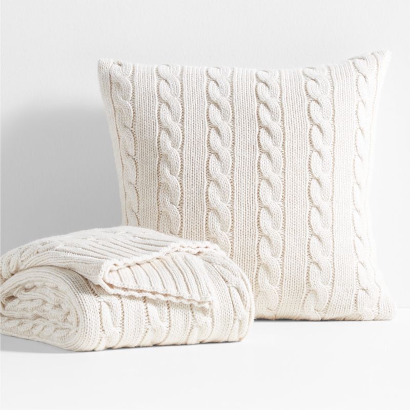 Alabaster Ivory Wool Blend Cozy Cable Knit 23"x23" Throw Pillow with Down-Alternative Insert - Image 4