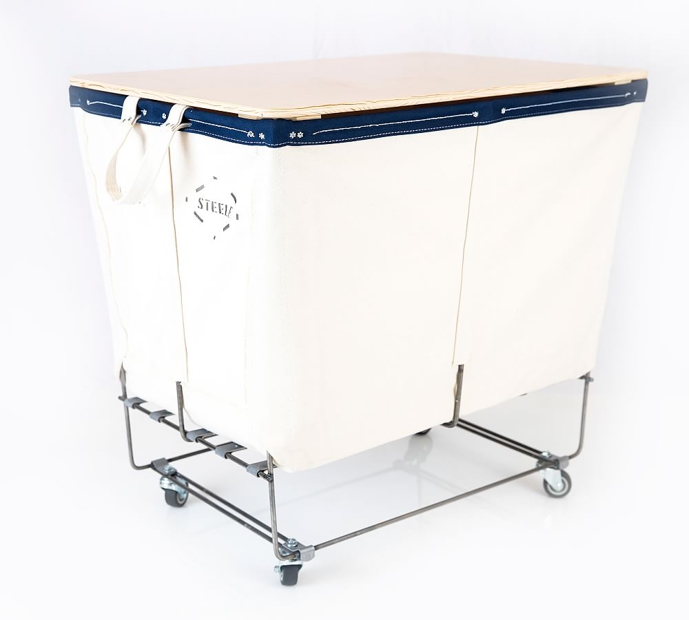 Elevated Canvas Laundry Basket with Wheels and Lid, Large, Natural Canvas/Navy Canvas Trim - Image 0