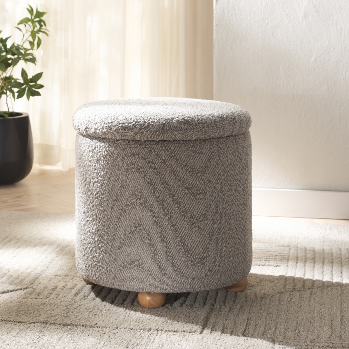 Becka Round Boucle Storage Ottoman  - Grey / Natural - Safavieh - Image 1