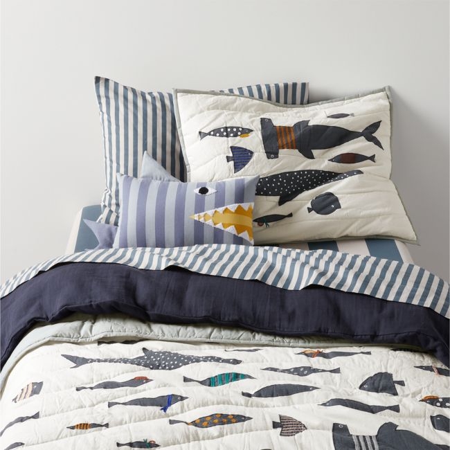 Shark School Embroidered Organic Cotton Kids Twin Quilt - Image 0