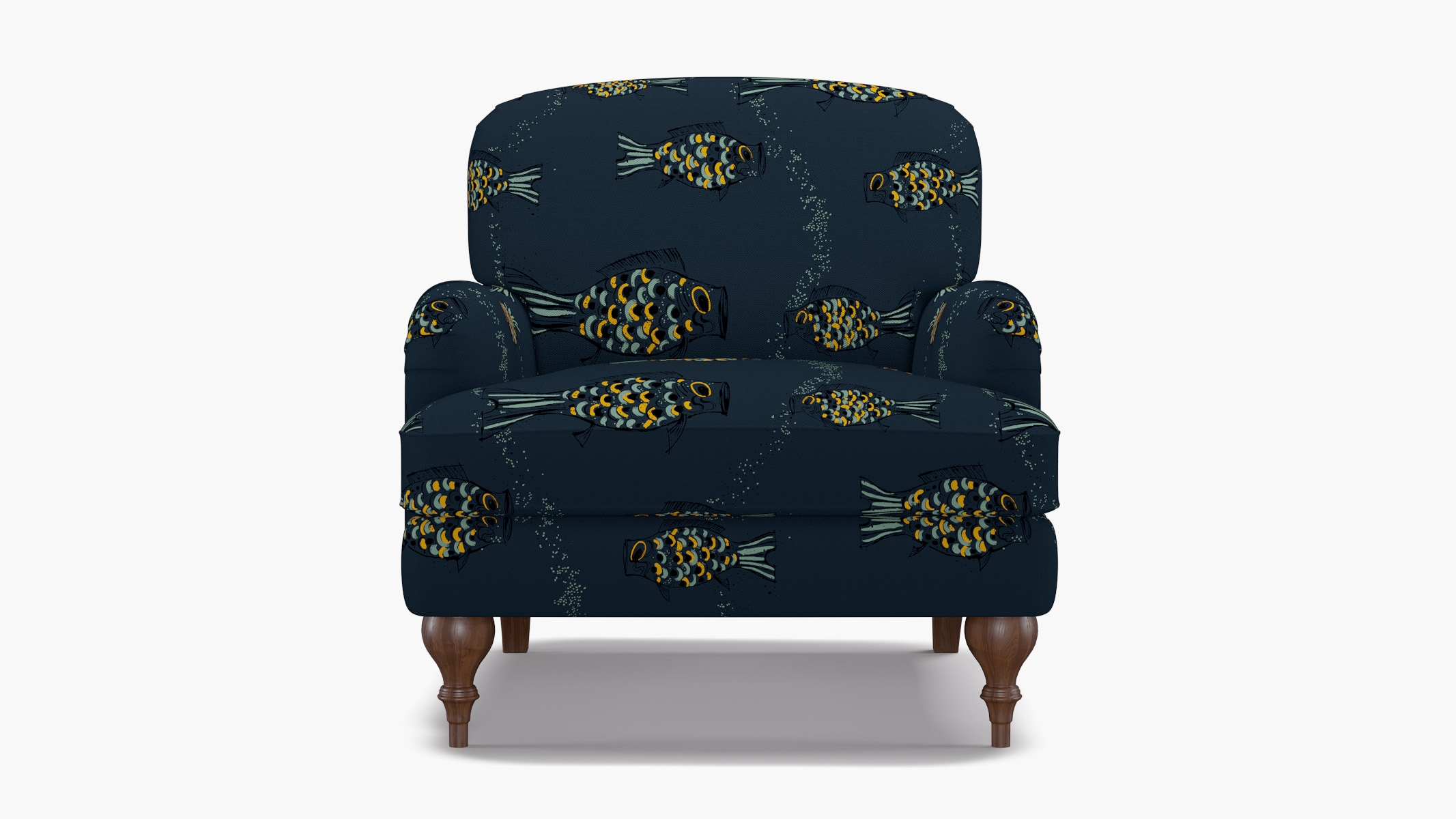 English Roll Arm Chair, Indigo Sakana, Walnut Turned Wood Leg - Image 0