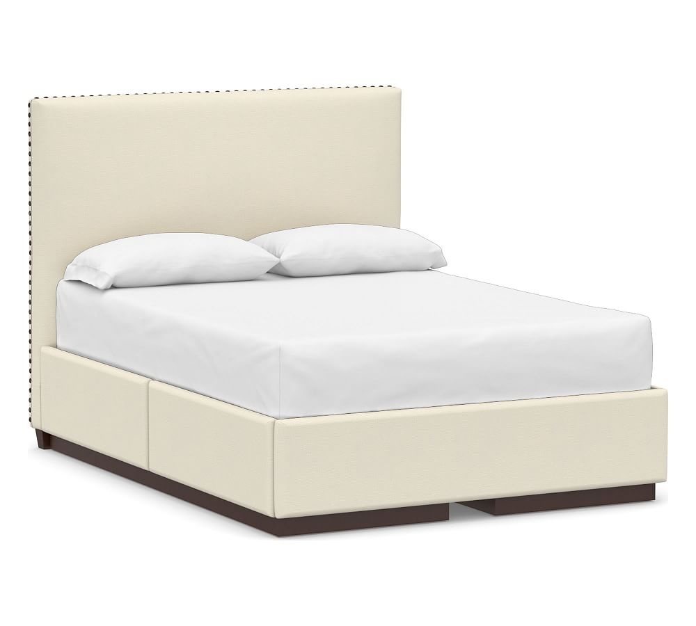 Raleigh Square Upholstered Tall Headboard and Side Storage Platform Bed & Bronze Nailheads, Full, Park Weave Ivory - Image 0