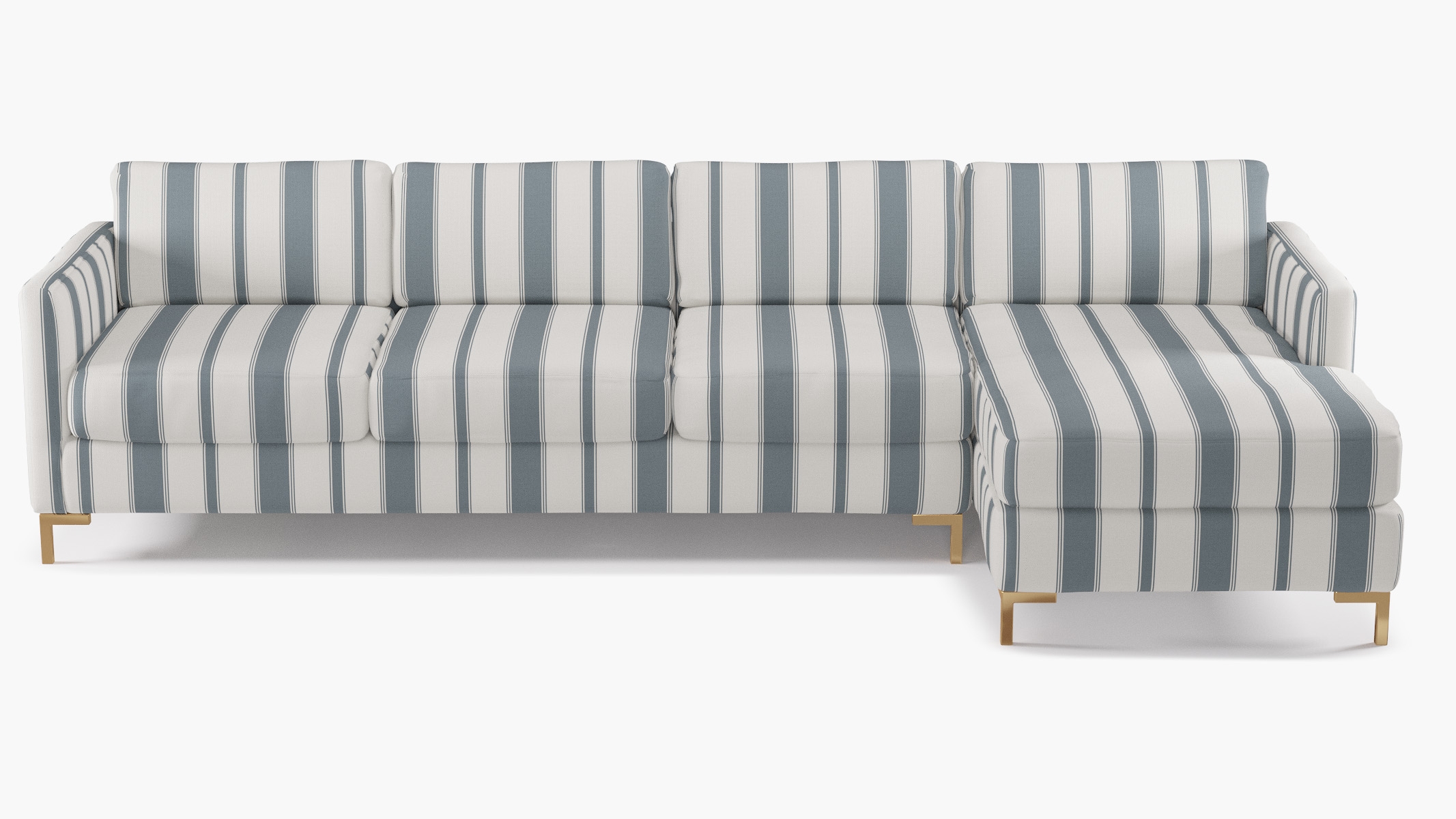 Modern Sectional, Right Facing, French Blue Clarence Stripe, Brass L Leg - Image 0