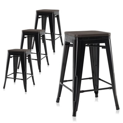 Set Of 4, 30" Metal Bar Stools Dining Chairs W/ Wood Seat, Stackable Counter Height Barstools, Brown - Image 0