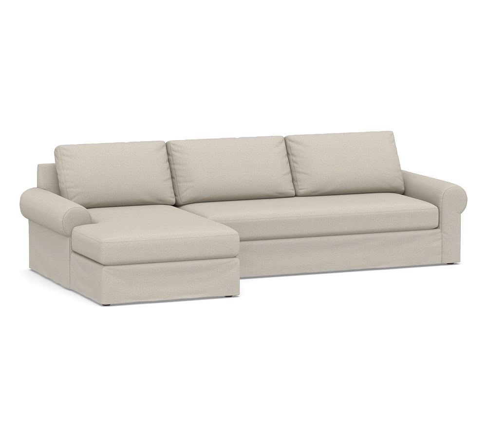 Big Sur Roll Arm Slipcovered Right Arm Sofa with Chaise Sectional and Bench Cushion, Down Blend Wrapped Cushions, Performance Heathered Tweed Pebble - Image 0