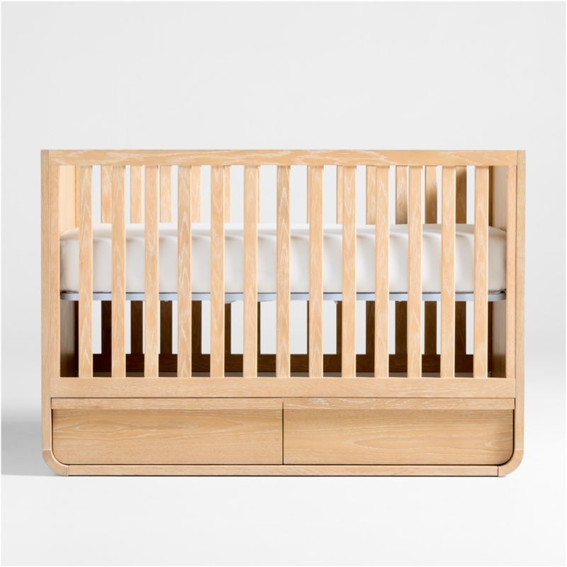 Mira Natural Oak Wood Convertible Baby Crib with Storage and Toddler Bed Rail - Image 2