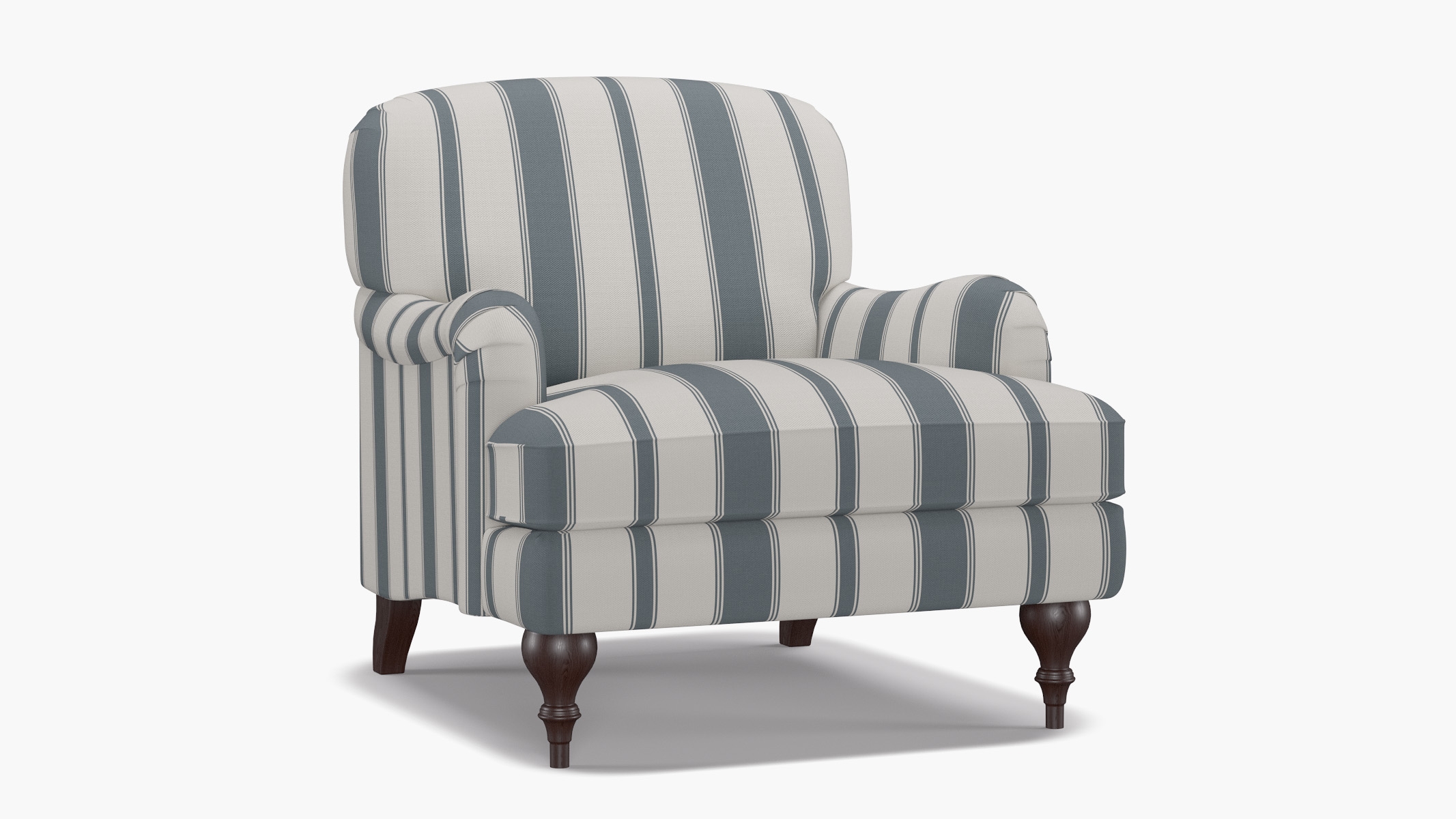 English Roll Arm Chair, French Blue Clarence Stripe, Espresso Turned Wood Leg - Image 1