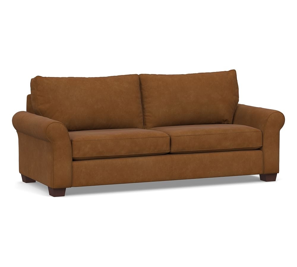 PB Comfort Roll Arm Leather Grand Sofa 94", Polyester Wrapped Cushions, Nubuck Caramel - Image 0