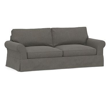 PB Comfort Roll Arm Slipcovered Sleeper Sofa 2x2, Box Edge Memory Foam Cushions, Chenille Basketweave Charcoal - Image 0