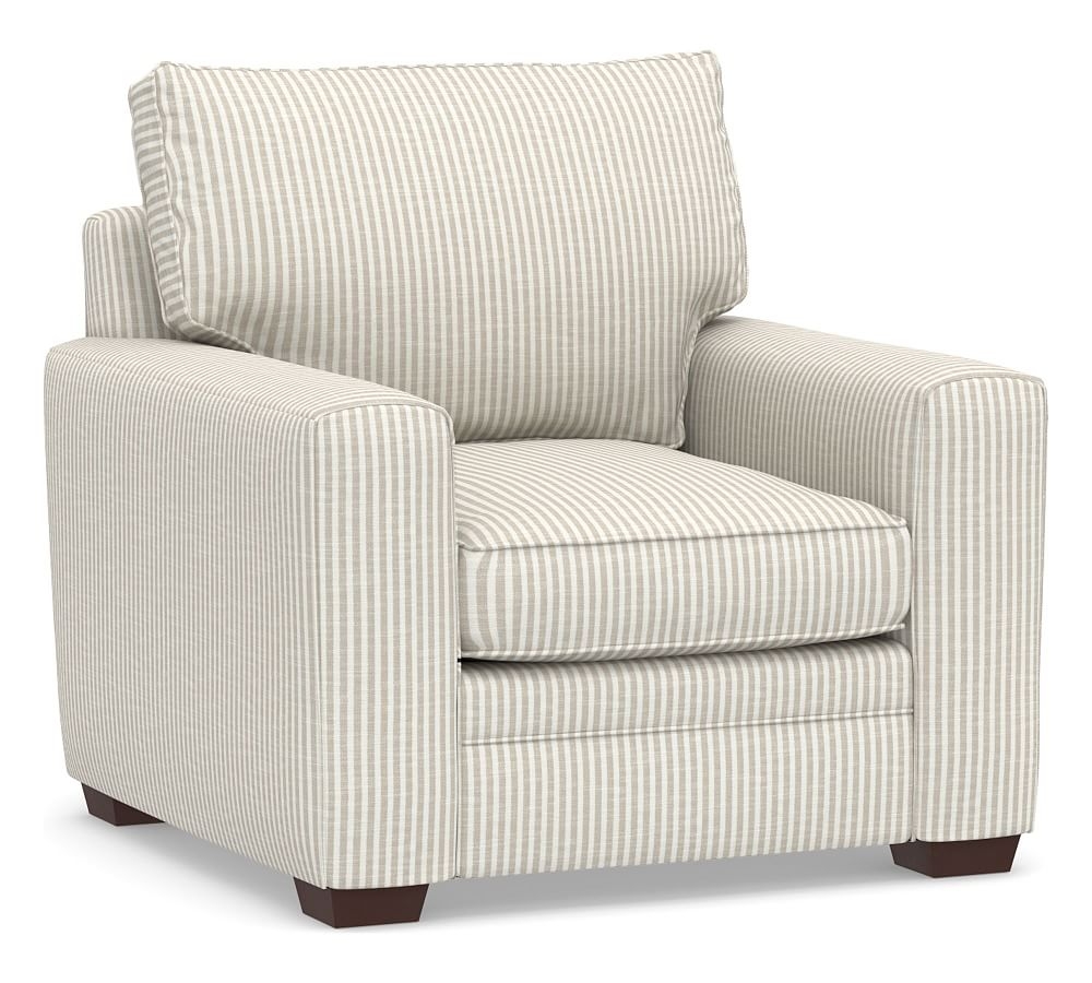Pearce Square Arm Upholstered Armchair, Down Blend Wrapped Cushions, Classic Stripe Oatmeal - Image 0