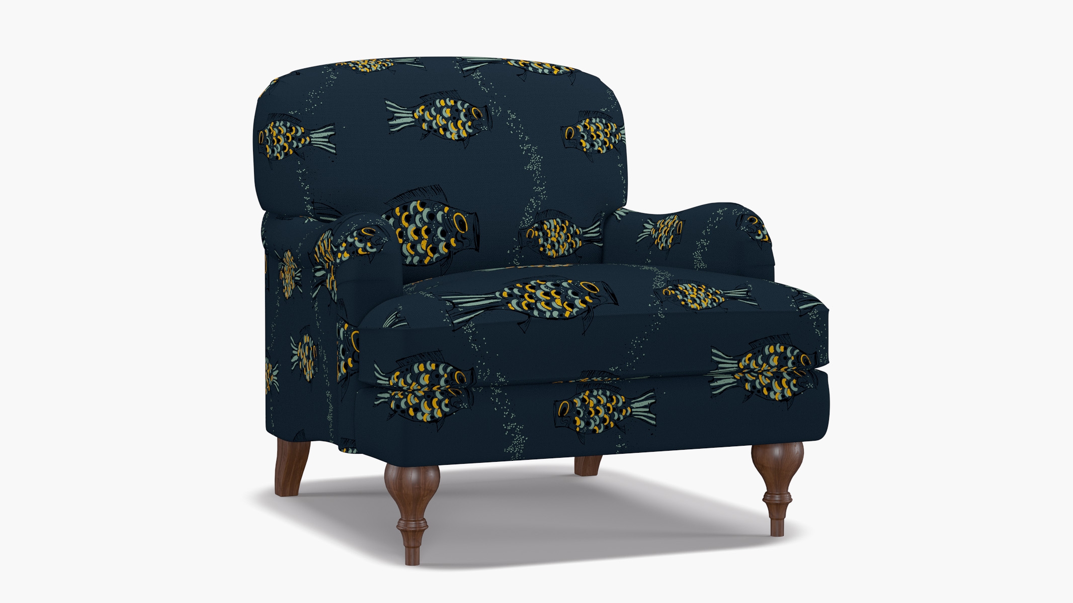 English Roll Arm Chair, Indigo Sakana, Walnut Turned Wood Leg - Image 1