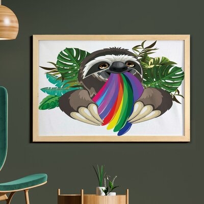 Ambesonne Sloth Wall Art With Frame, Indolent Jungle Animal Spitting Rainbow Colors On Banana Leaves Backdrop Happy Mood, Printed Fabric Poster For Bathroom Living Room Dorms, 35" X 23", Multicolor - Image 0