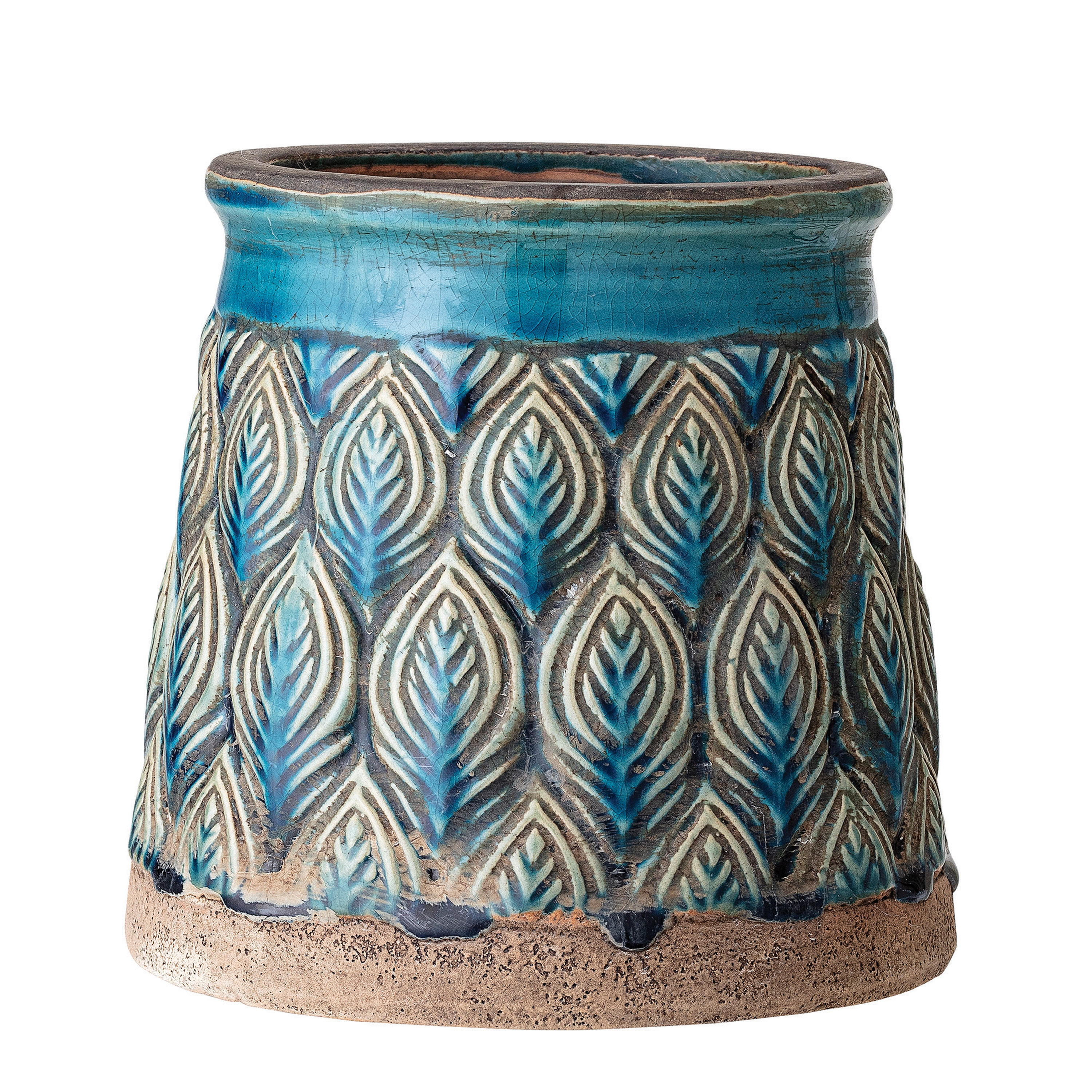 Embossed Teal Blue Terracotta Planter with Peacock Feather Design & Reactive Glaze Finish (Each one will vary) - Image 0