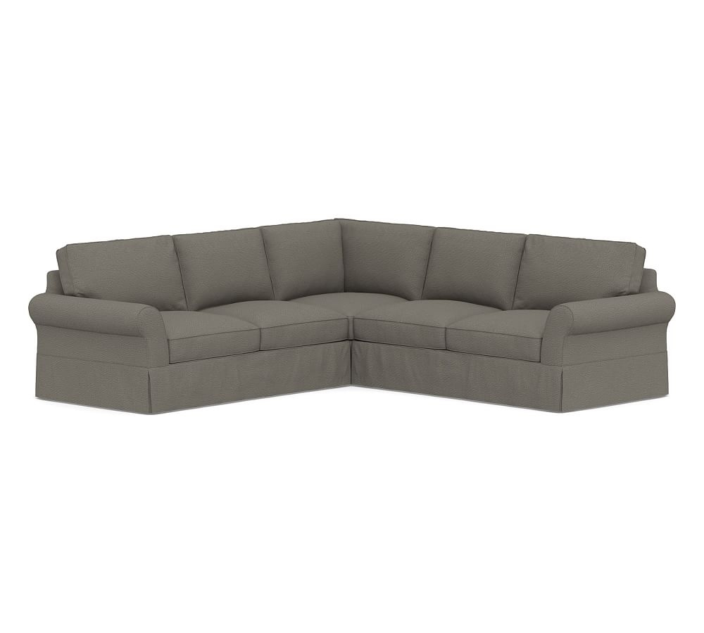 PB Comfort Roll Arm Slipcovered 3-Piece L-Shaped Corner Sectional, Box Edge, Down Blend Wrapped Cushions, Chunky Basketweave Metal - Image 0