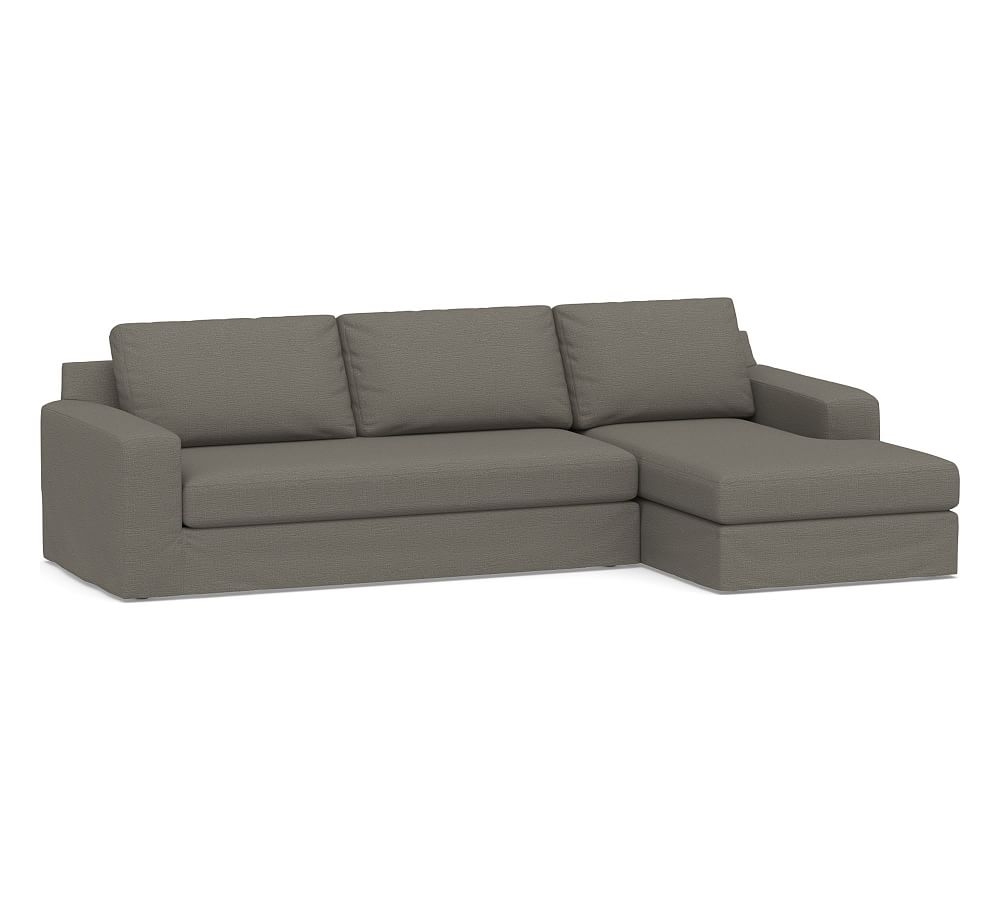 Big Sur Square Arm Slipcovered Left Arm Sofa with Chaise Sectional and Bench Cushion, Down Blend Wrapped Cushions, Chunky Basketweave Metal - Image 0