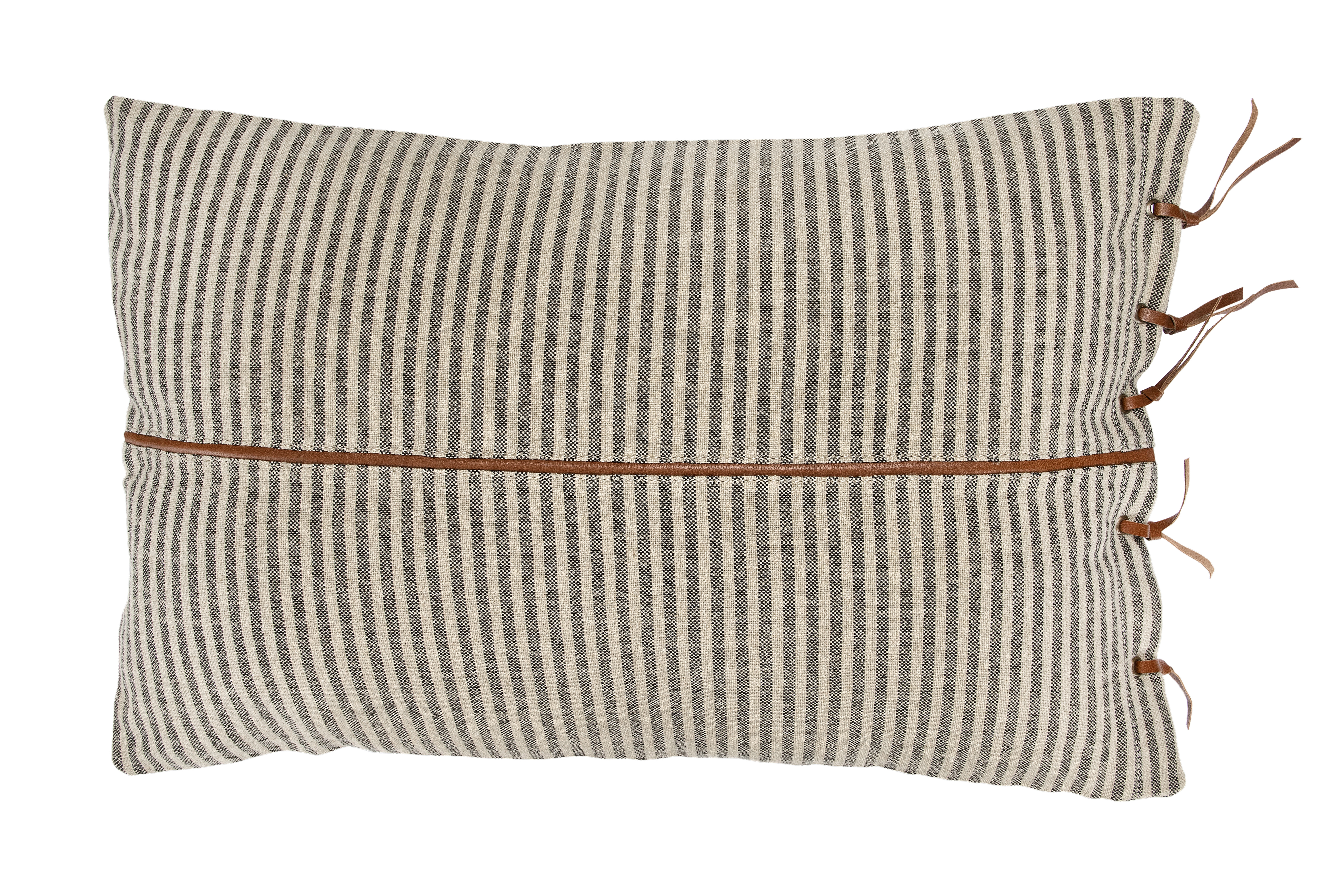 Beige & Black Striped Cotton Ticking Lumbar Pillow with Leather Trim - Image 0