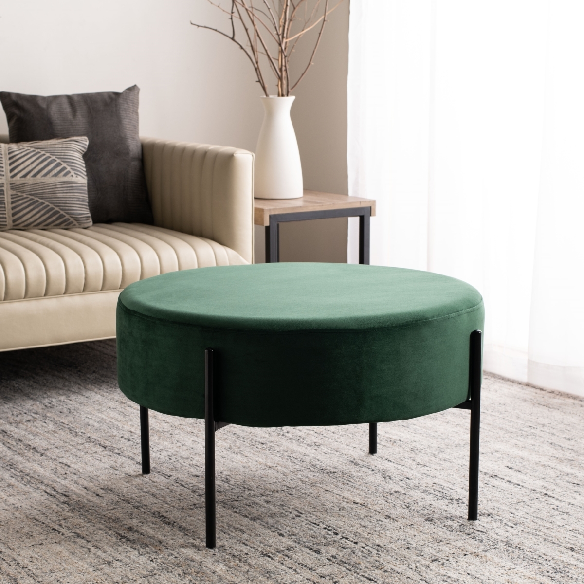 Lisbon Round Cocktail Ottoman - Malachite Green / Black - Safavieh - Image 1