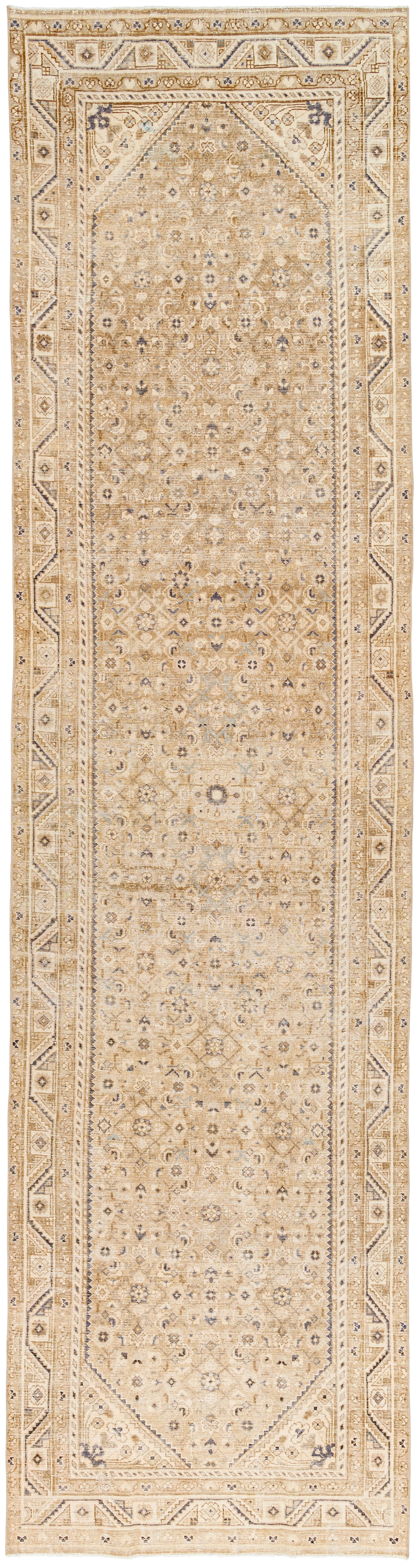 Antique One of a Kind Beige Indoor 3'5" x 13'5" Handmade Rug - Image 0