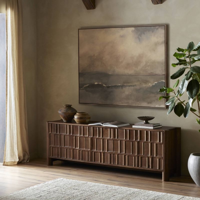 Ezri 82" Brown Carved Oak Wood Storage Media Console - Image 4