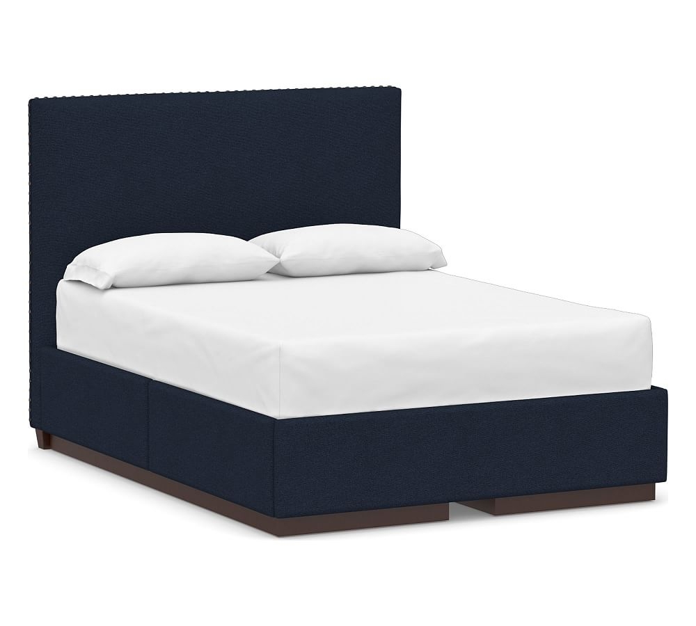 Raleigh Square Upholstered Tall Headboard and Side Storage Platform Bed & Bronze Nailheads, Full, Performance Heathered Basketweave Navy - Image 0