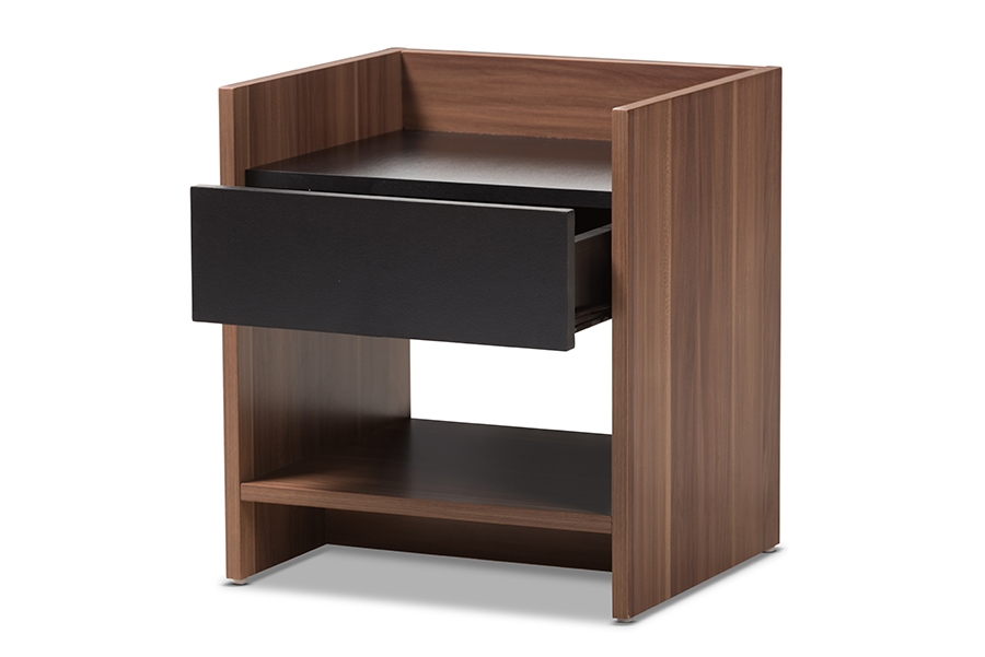 Vanda Modern and Contemporary Two-Tone Walnut and Black Wood 1-Drawer Nightstand - Image 2