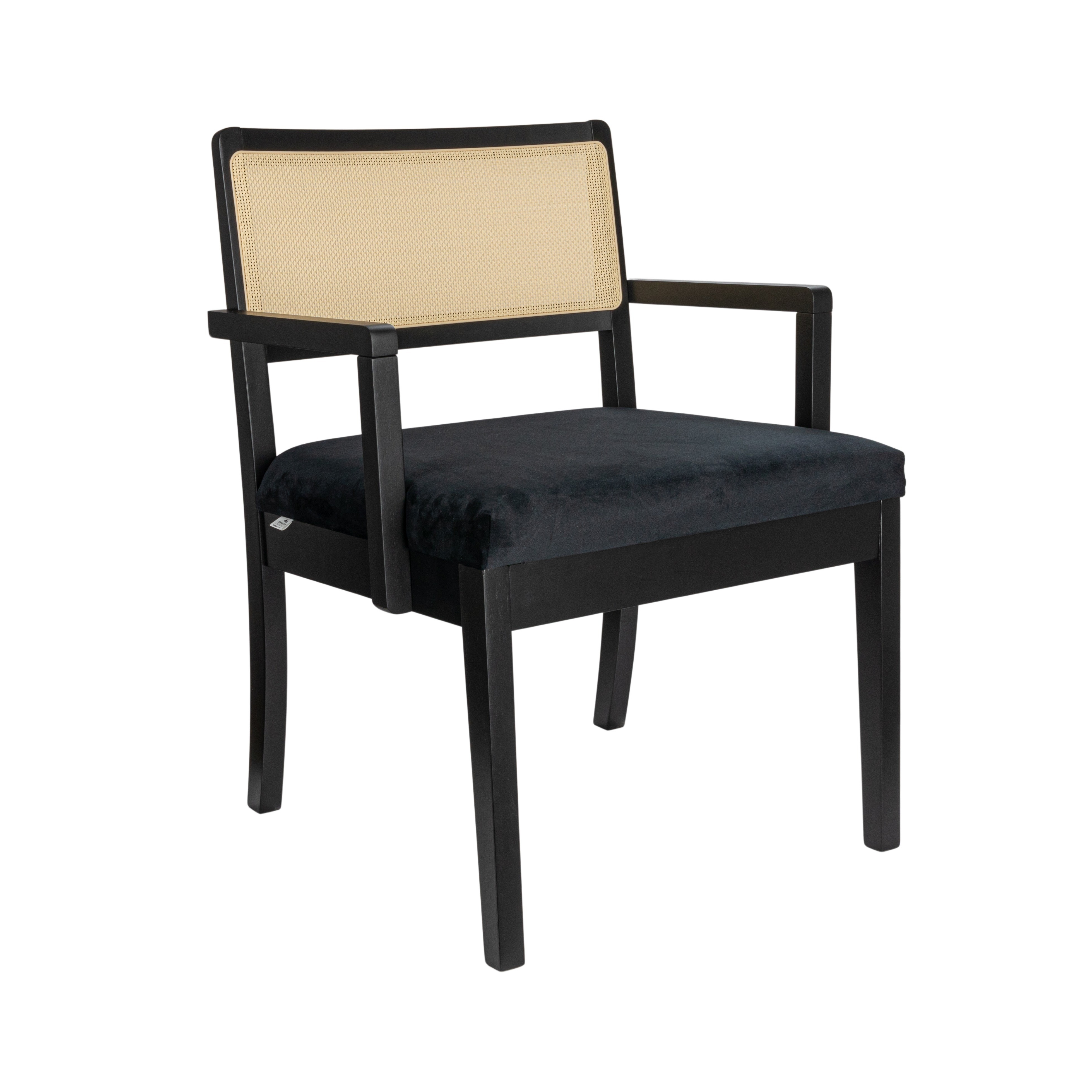 Crawford Mid Century Modern Solid Wood Black Arm Chair with Natural Woven Cane Back and Velvet Upholstered Seat, Black - Image 0