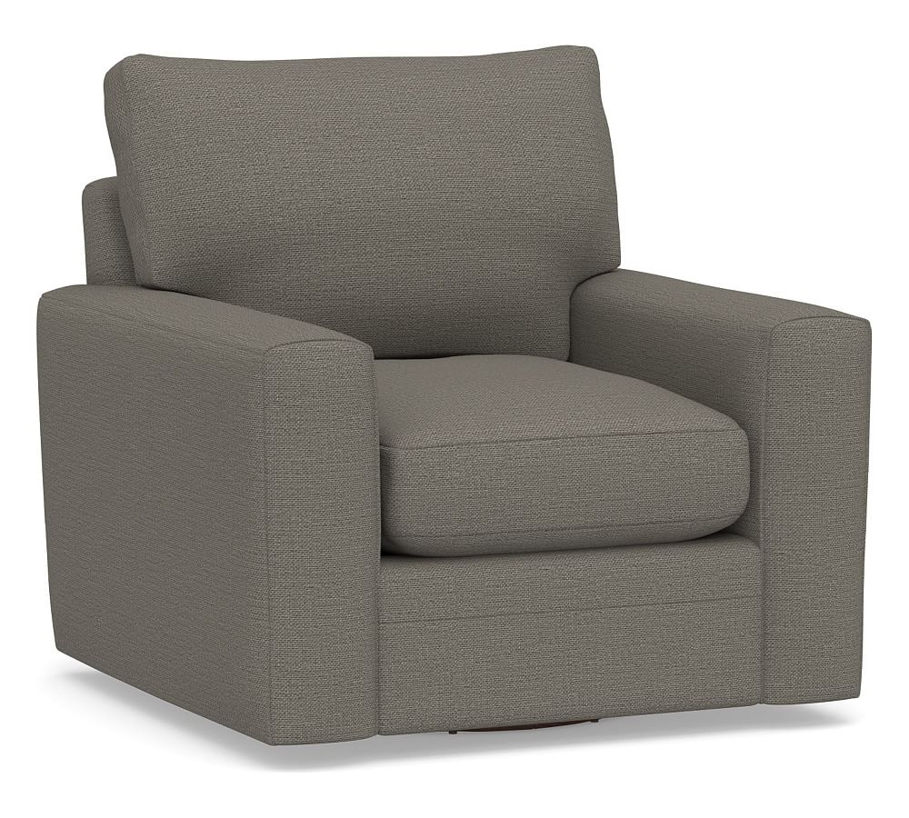 Pearce Modern Square Arm Upholstered Swivel Armchair, Down Blend Wrapped Cushions, Chunky Basketweave Metal - Image 0