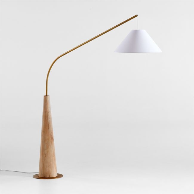 Gibson Wood Hanging Arc Floor Lamp with White Shade - Image 0