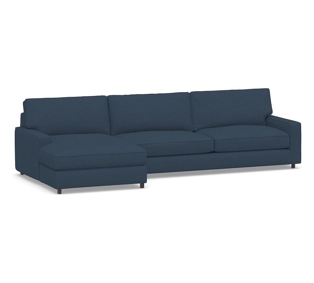 PB Comfort Square Arm Upholstered Right Arm Sofa with Wide Chaise Sectional, Box Edge, Down Blend Wrapped Cushions, Brushed Crossweave Navy - Image 0