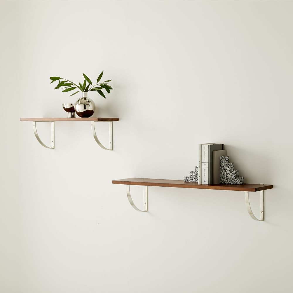 Linear Cool Walnut Wood Shelf 2FT, Arch Brackets, Brushed Nickel - Image 0