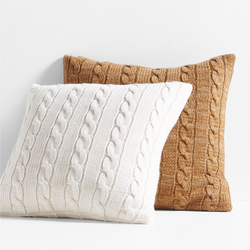 Alabaster Ivory Wool Blend Cozy Cable Knit 23"x23" Throw Pillow with Down-Alternative Insert - Image 2