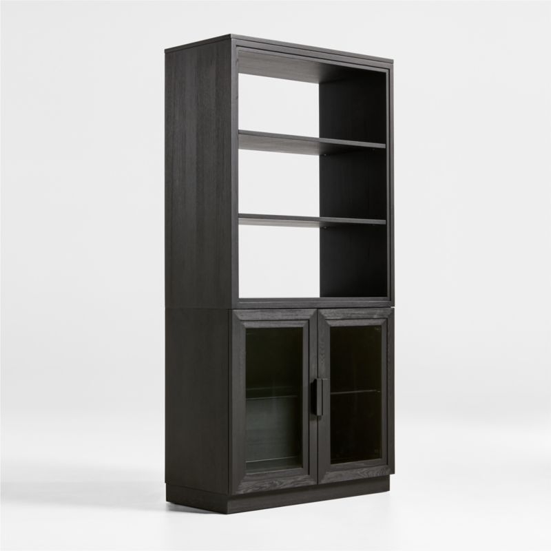 Calypso Black Elm Wood Modular Glass-Door Base and Bookshelf Hutch - Image 2