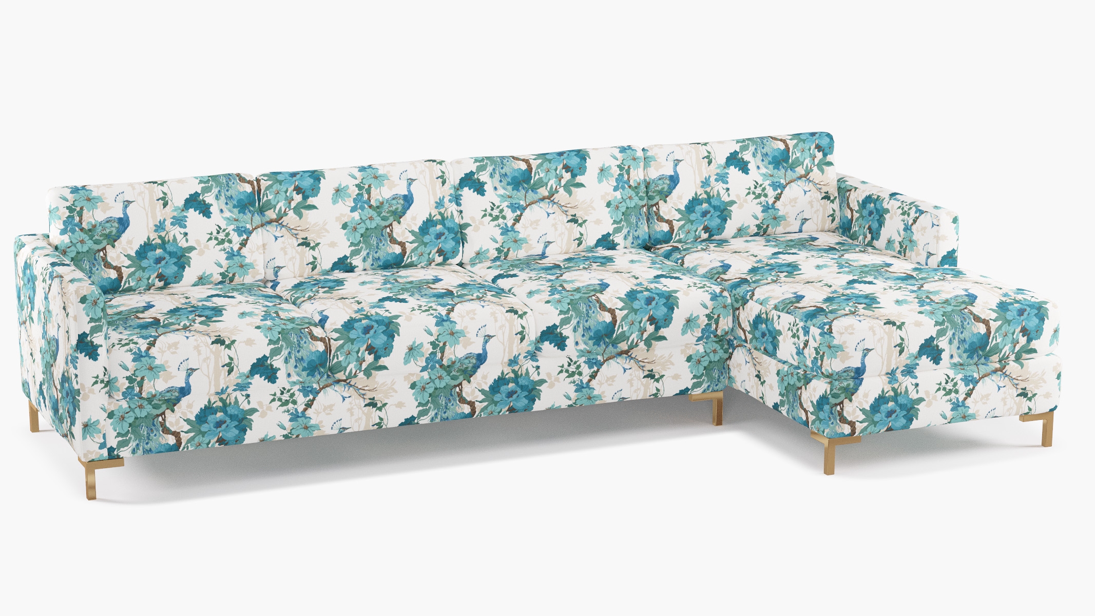 Modern Sectional, Right Facing, Turquoise Peacock Park, Brass L Leg - Image 1
