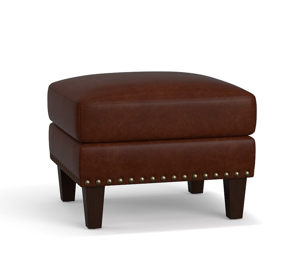 Harlow Leather Ottoman with Bronze Nailheads, Polyester Wrapped Cushions, Nubuck Coffee - Image 0