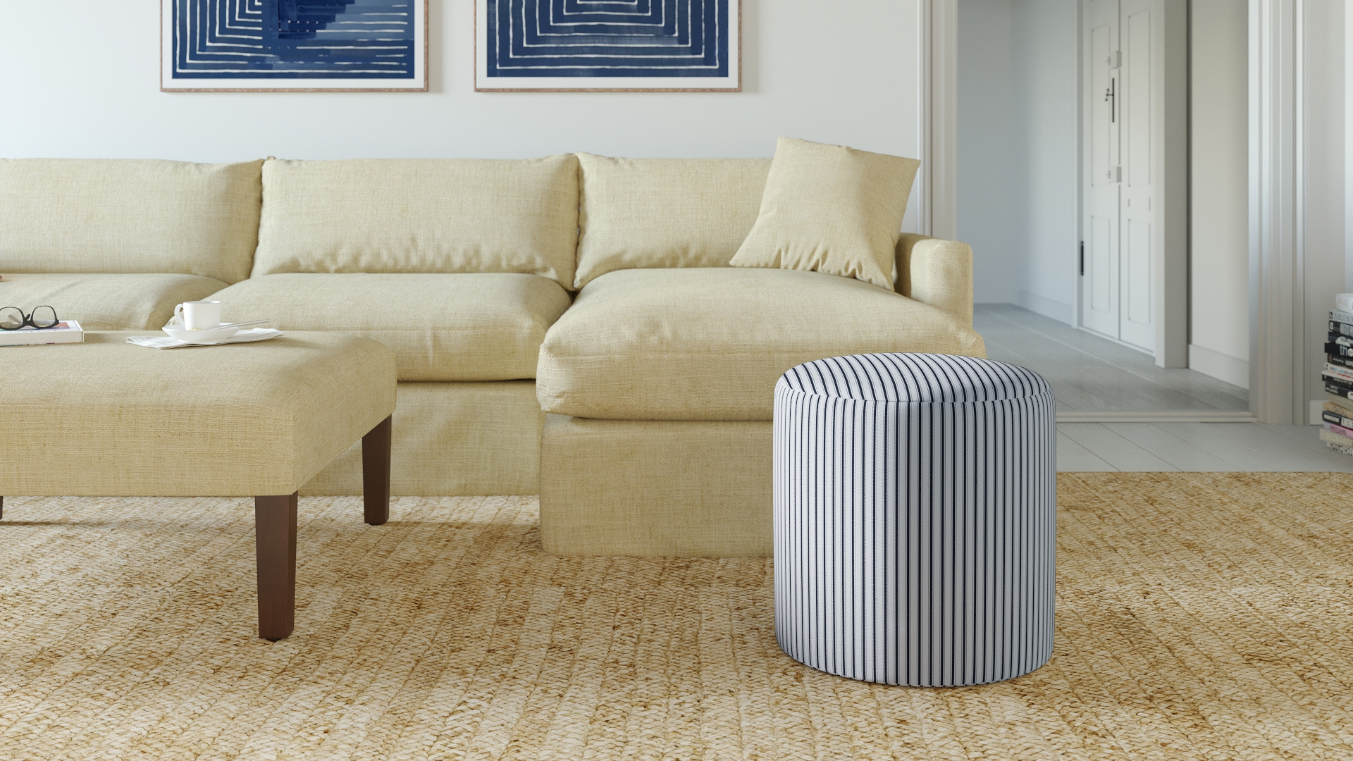 Drum Ottoman, Navy Classic Ticking Stripe - Image 1