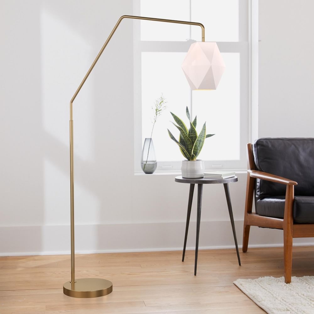 Sculptural Overarching Floor Lamp Antique Brass Milk Glass Faceted (75") - Image 0