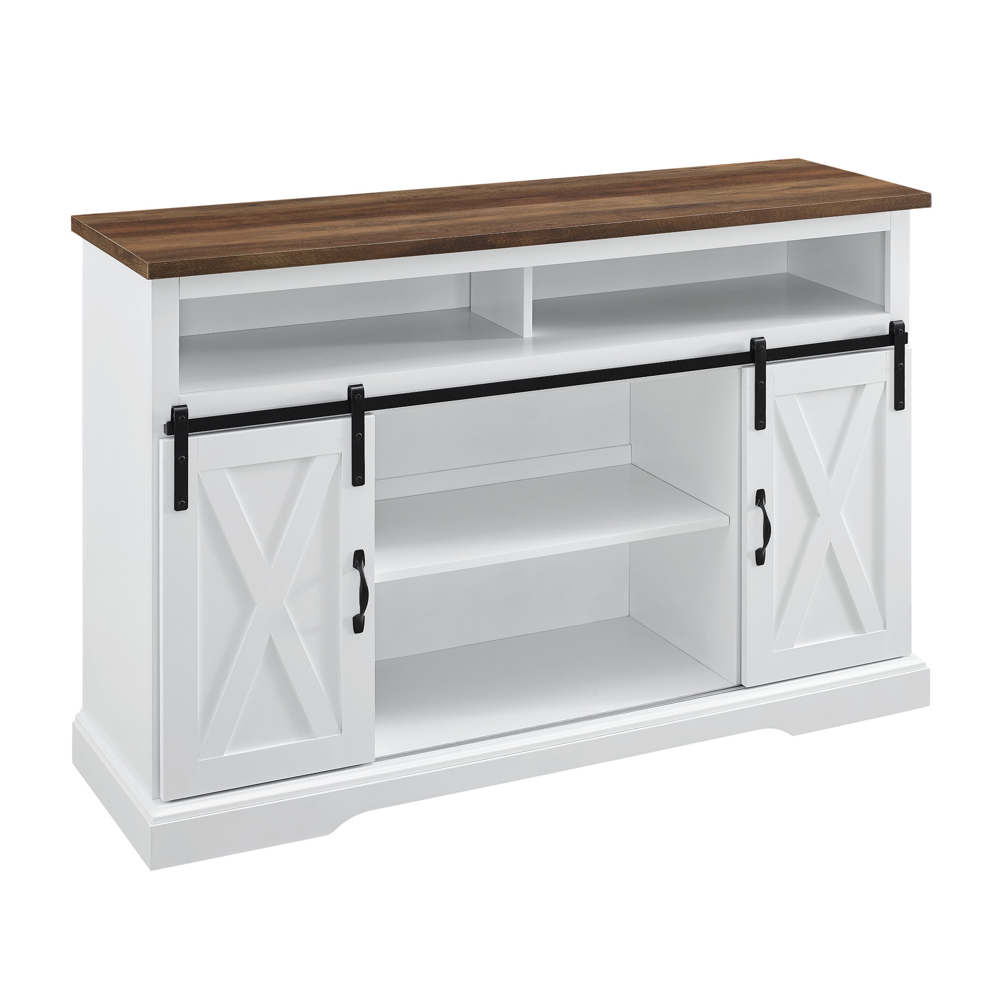 52" Sliding Barn Door Highboy Modern Farmhouse TV Stand - Solid White/Rustic Oak - Image 0