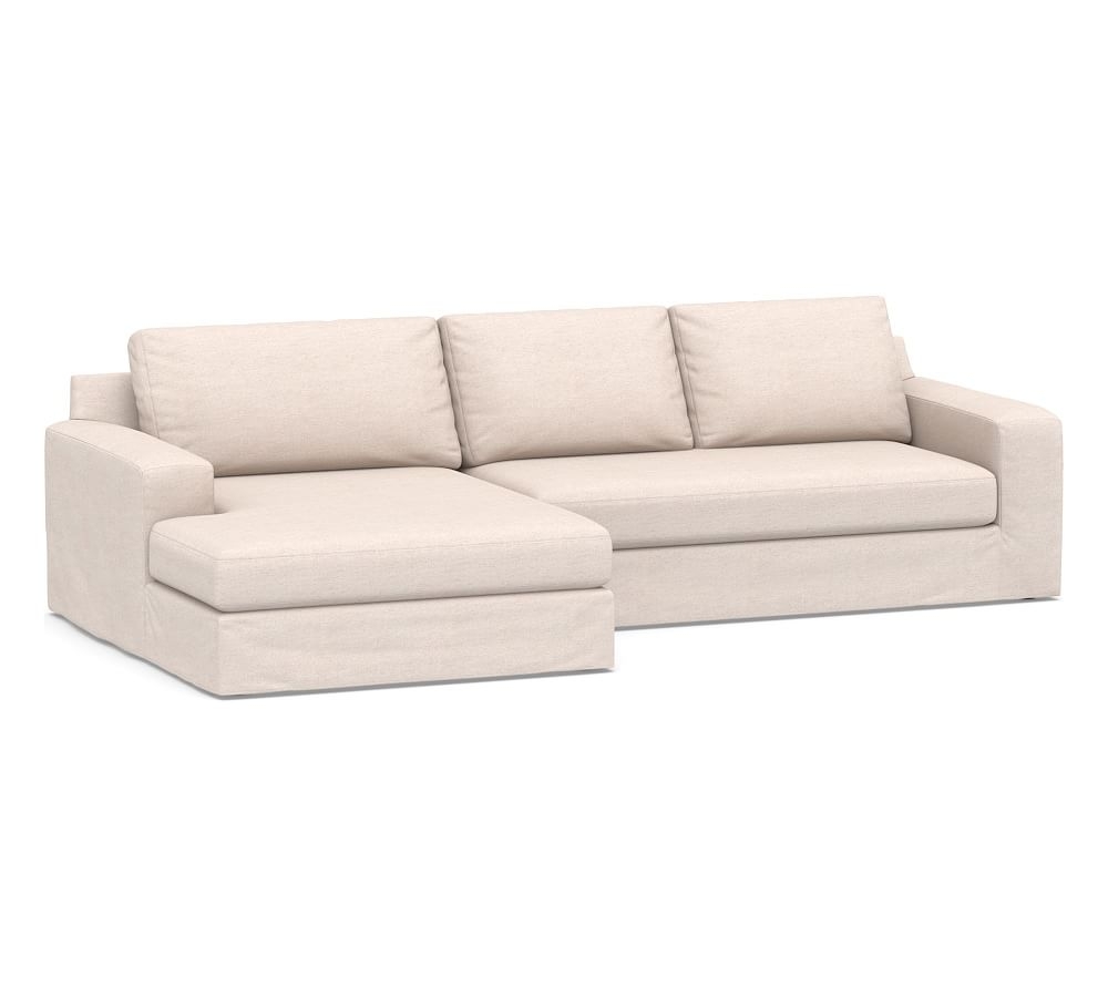 Big Sur Square Arm Slipcovered Right Loveseat with Wide Chaise Sectional and Bench Cushion, Down Blend Wrapped Cushions, Chenille Basketweave Oatmeal - Image 0