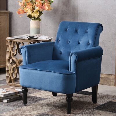 Deep Burgundy Velvet Elegant Button Tufted Accent Armchairs With Teal Velvet And Wooden Legs - Image 0