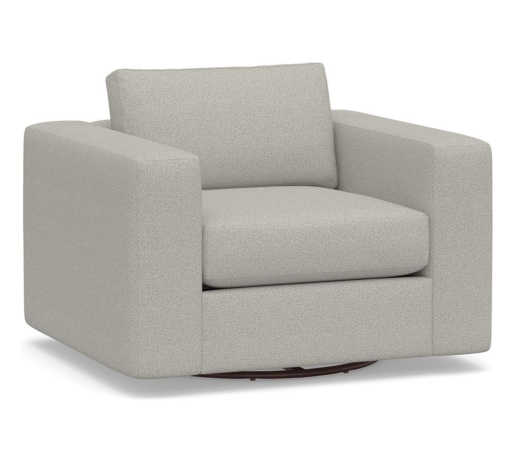 Carmel Square Arm Upholstered Swivel Armchair, Down Blend Wrapped Cushions, Performance Boucle Pebble - Image 0